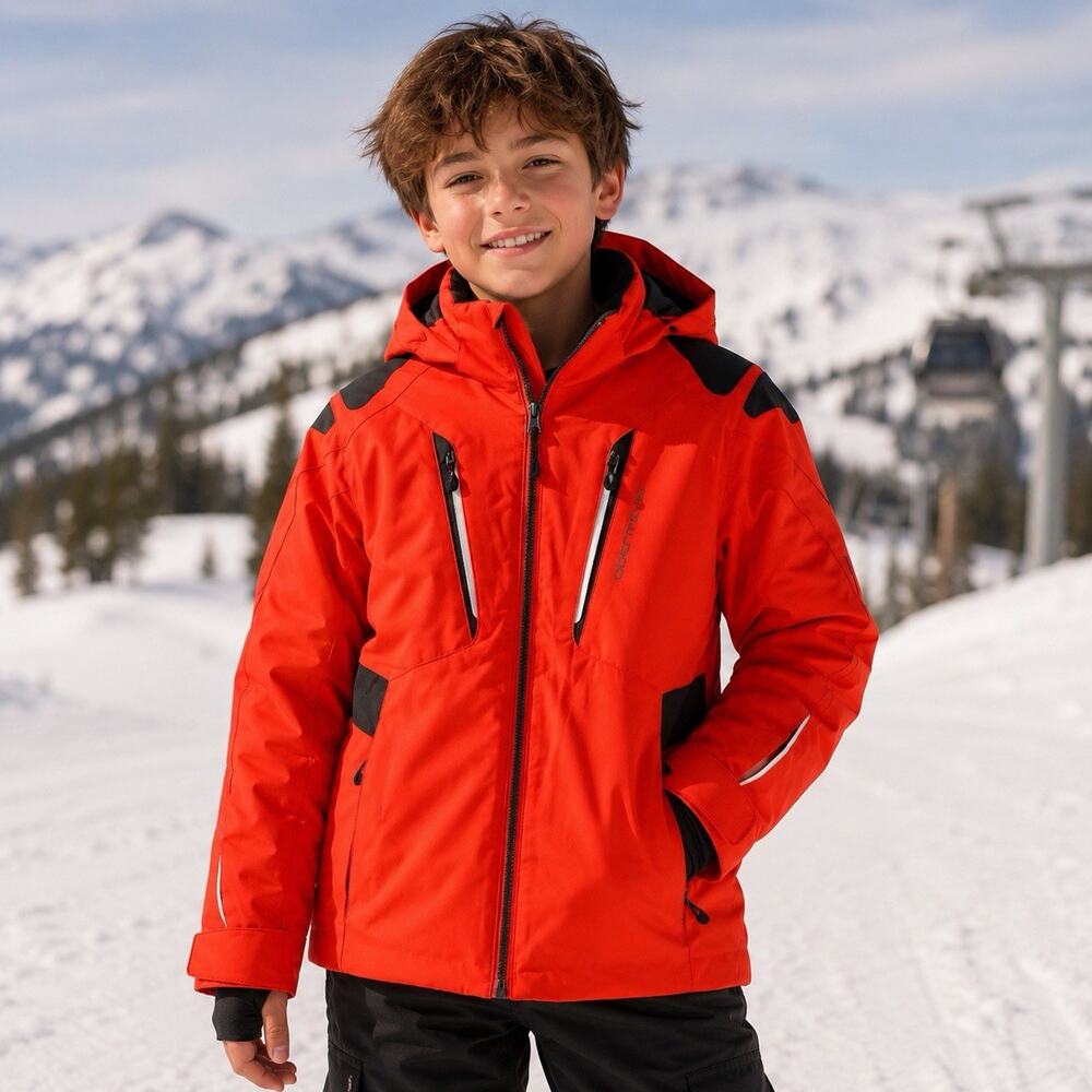 Obermeyer Ski Jacket Boys M 10-12 Red Black RECCO Snowboard Winter Hooded Bright